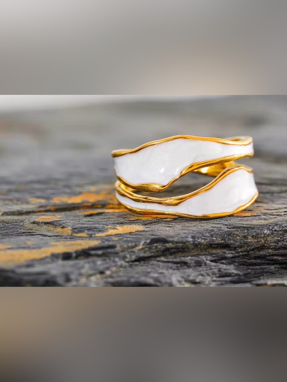Gold-Tone Ring with White Enamel Wave Inlay